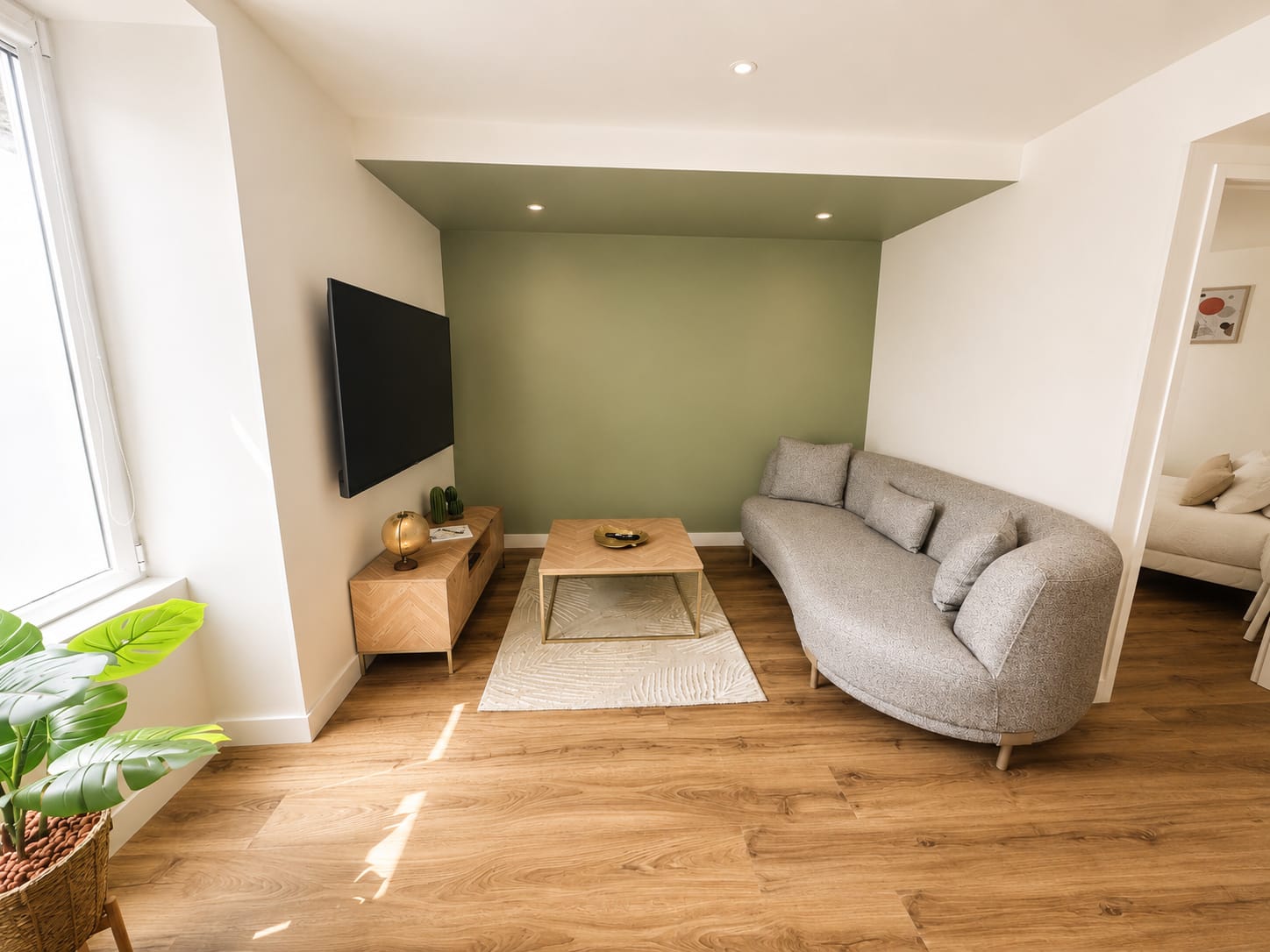 Salon avec mur vert sauge et téléviseur, Place de la Liberté N°1