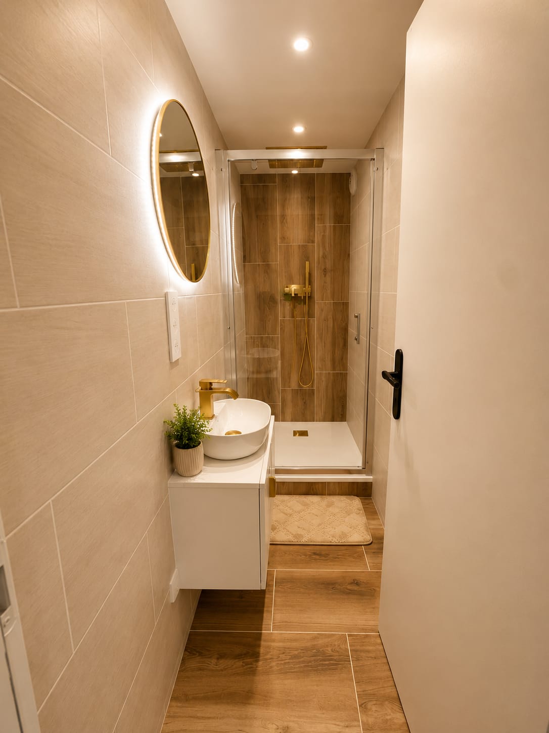 Salle d'eau avec douche et robinetterie dorée, Place de la Liberté N°1
