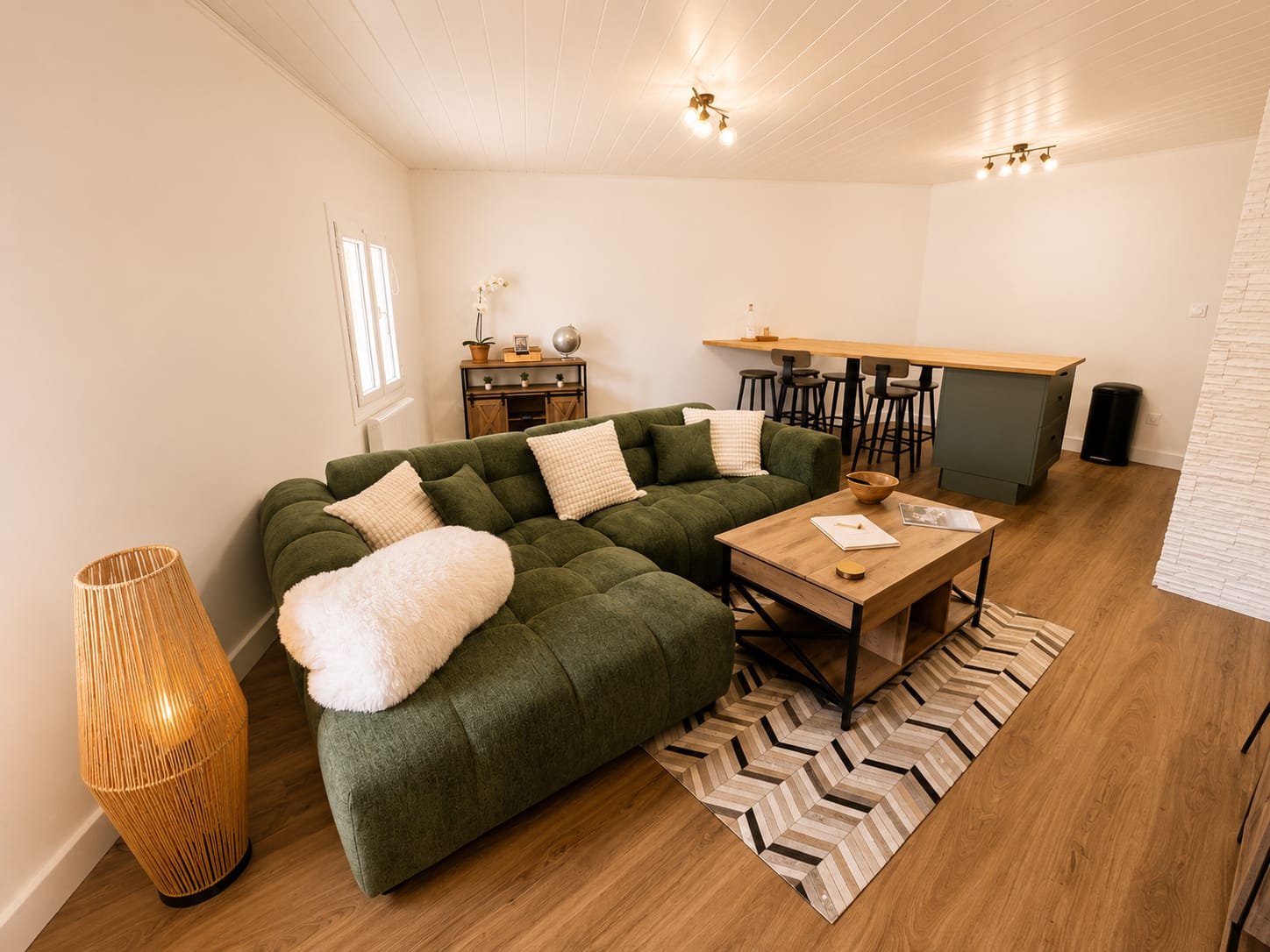 Séjour avec canapé vert et bar en bois, Place de la Liberté N°2